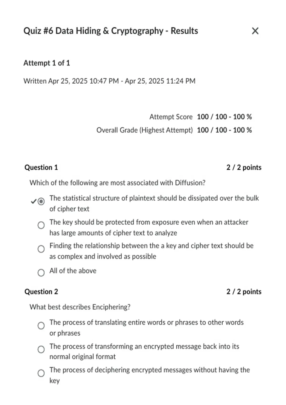 Data Hiding & Cryptography Quiz #6 Results | 2026–2027 Comprehensive ...
