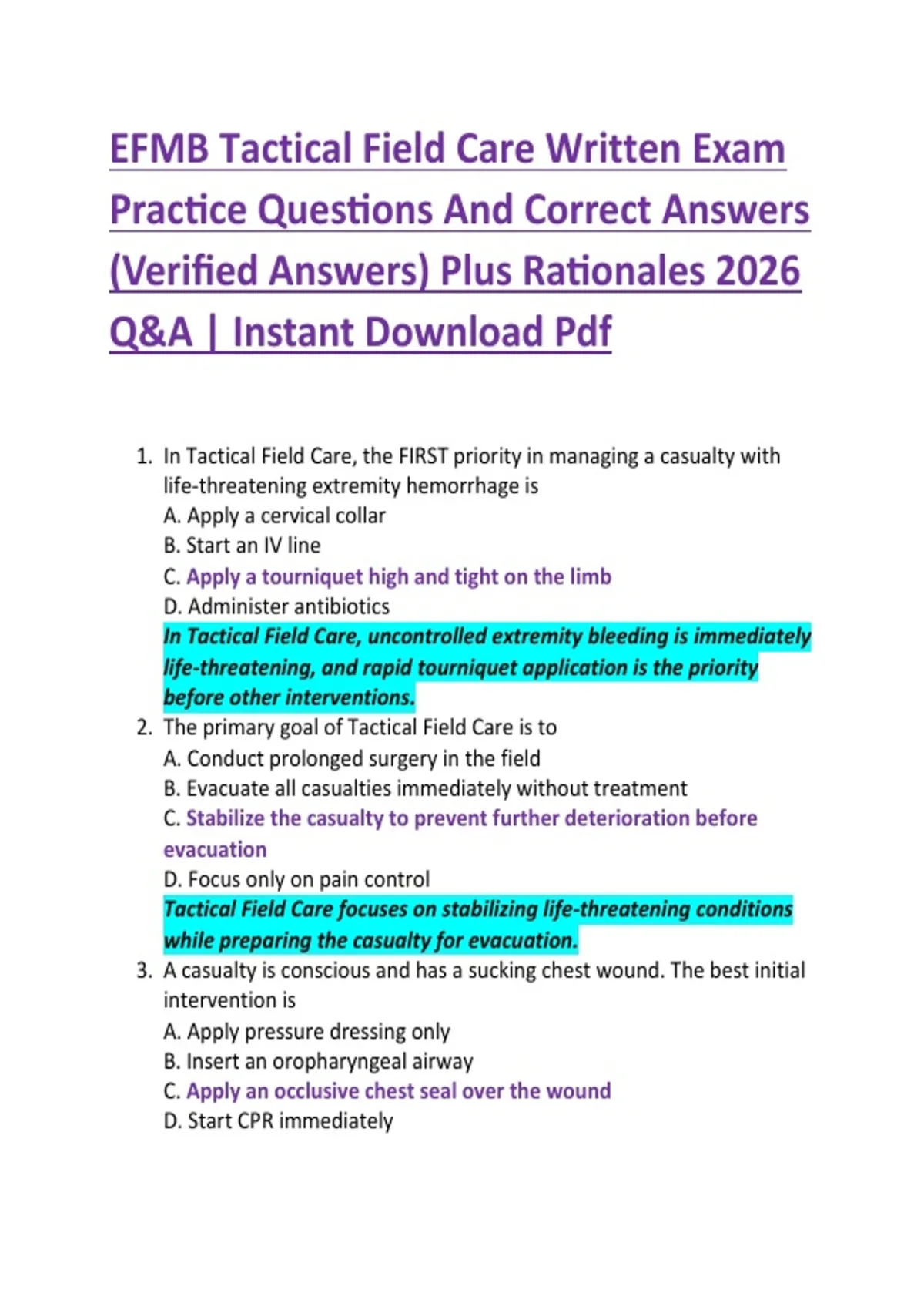 Questions Tactical EFMB Tactical Field Care Written Exam Practice Questions And Correct ...