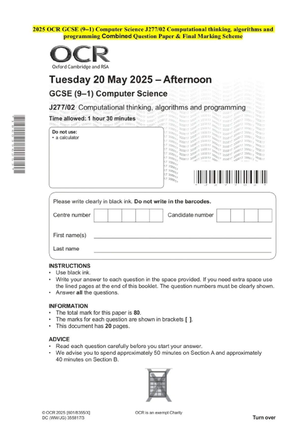 2025 OCR GCSE (9–1) Computer Science J277/02 Computational thinking ...