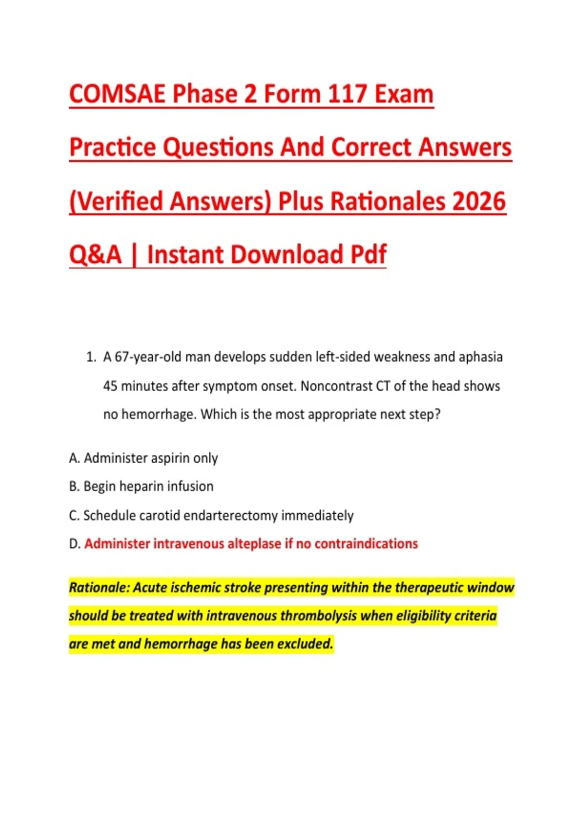 COMSAE Phase 2 Form 117 Exam Practice Questions And Correct Answers ...