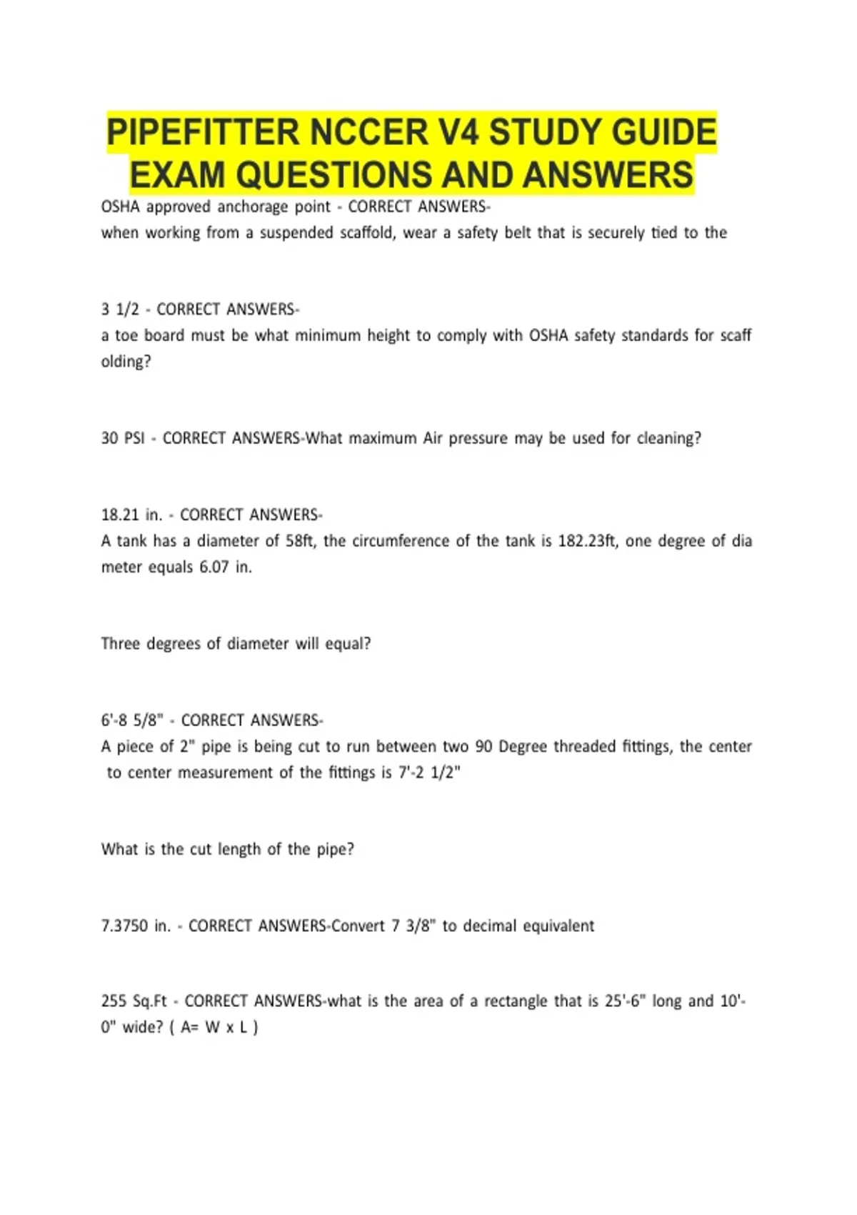 PIPEFITTER NCCER V4 STUDY GUIDE EXAM QUESTIONS AND ANSWERS - Nccer pipefitter v4 - Stuvia US