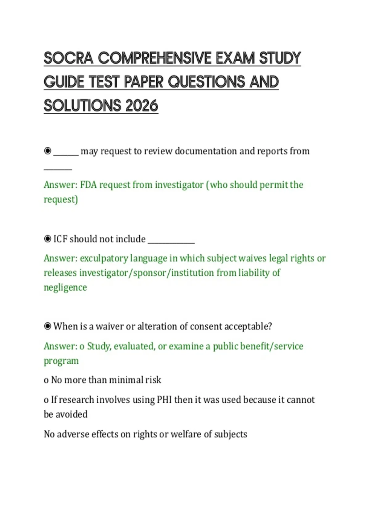 SOCRA COMPREHENSIVE EXAM STUDY GUIDE TEST PAPER QUESTIONS AND SOLUTIONS 2026 - SOCRA - Stuvia US