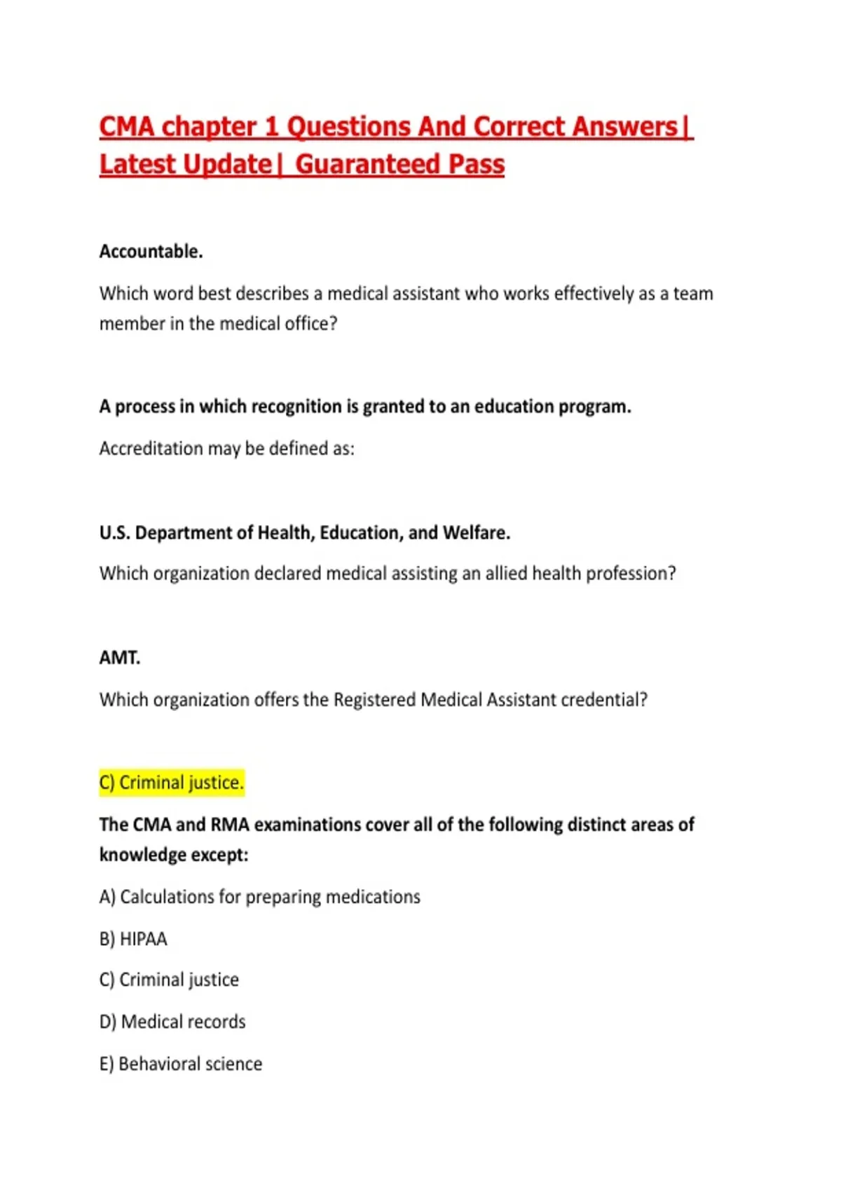 CMA chapter 1 Questions And Correct Answers| Latest Update 2026/27 ...