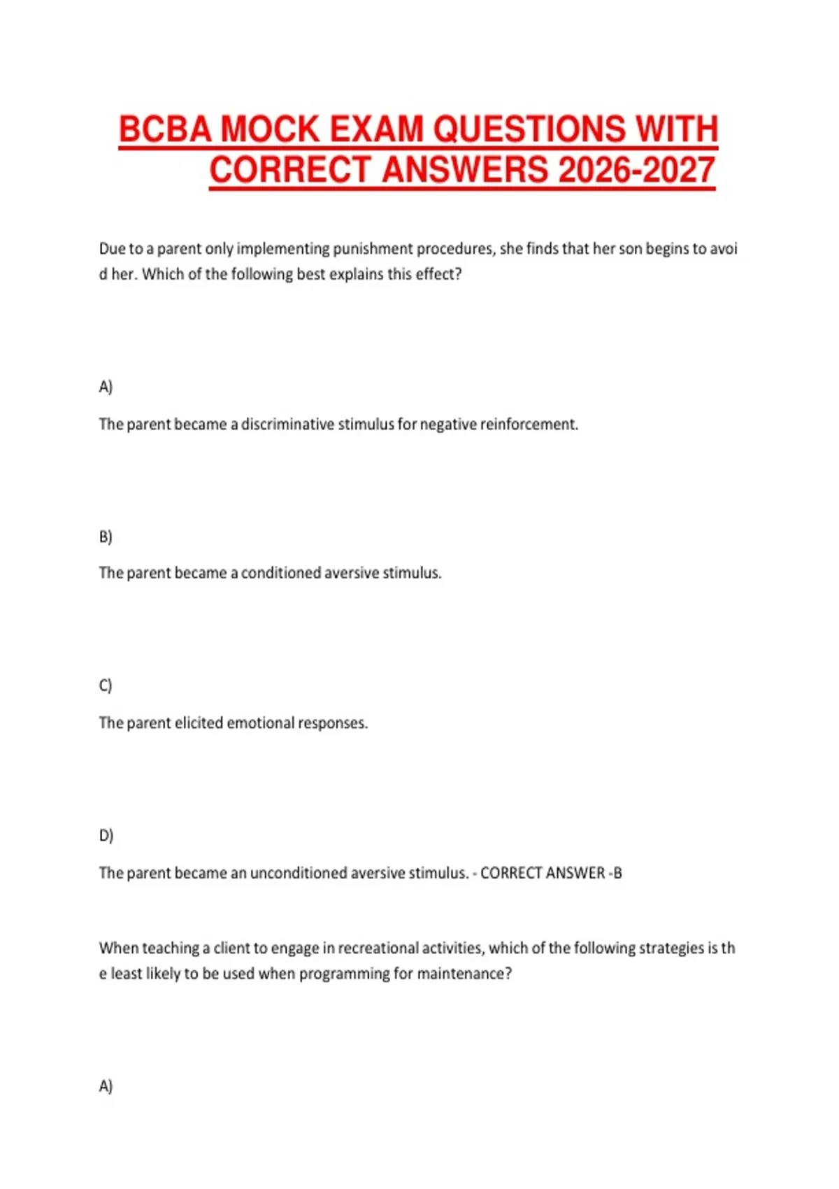 BCBA MOCK EXAM QUESTIONS WITH CORRECT ANSWERS - BCBA - Stuvia US