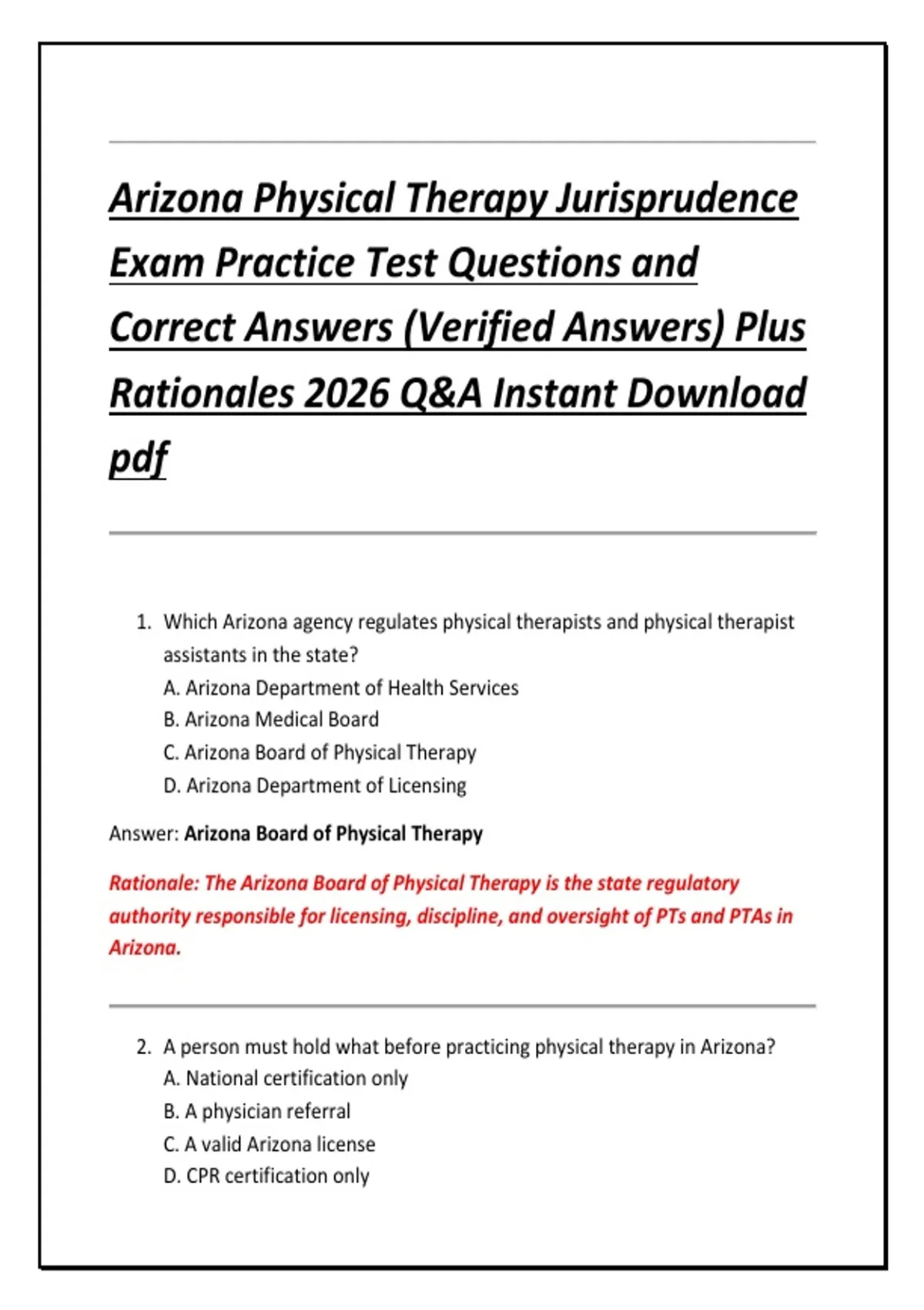 Arizona Physical Therapy Jurisprudence Exam Practice Test Questions and Correct Answers ...