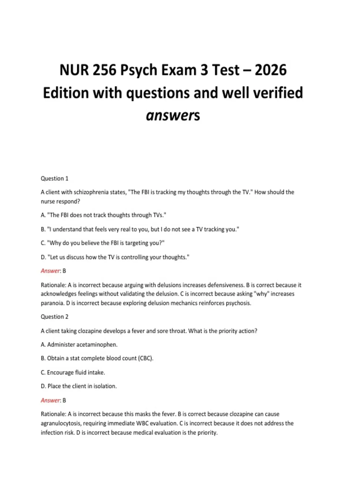 NUR 256 Psych Exam 3 Test – 2026 Edition with questions and well ...