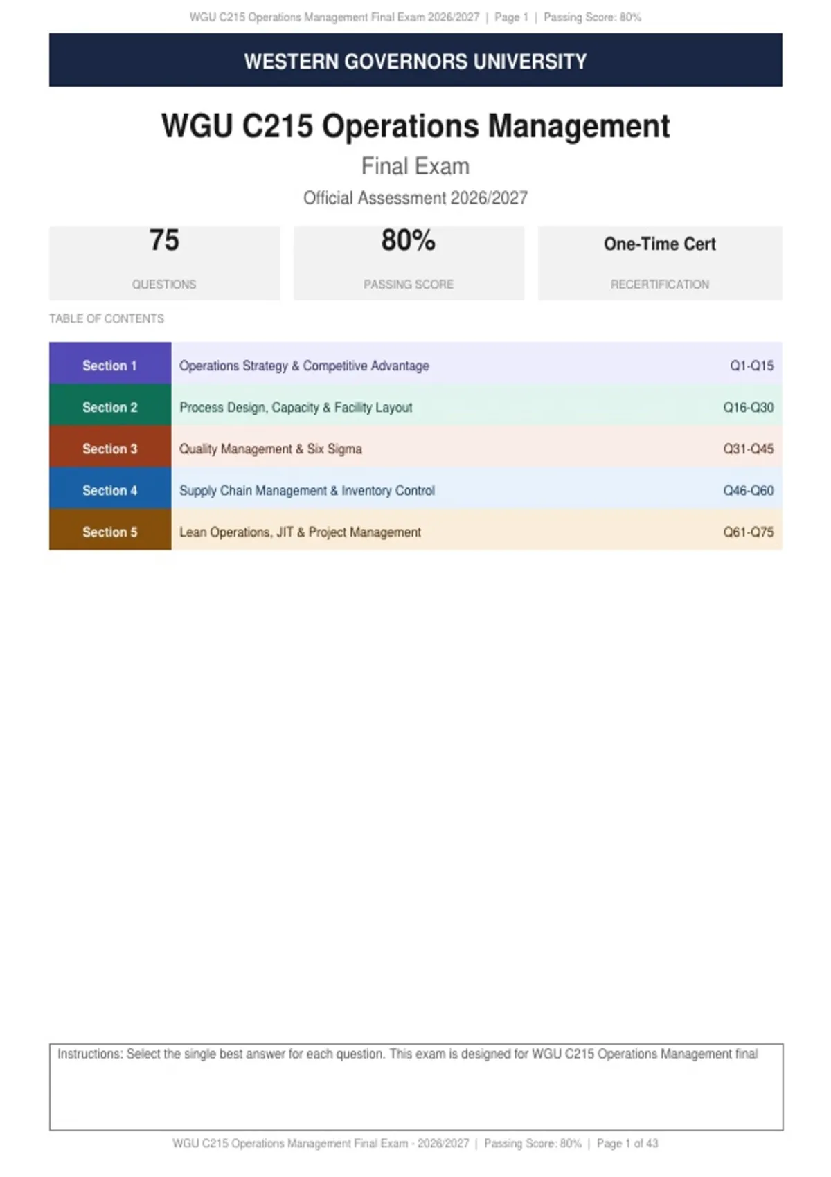 WGU C215 Operations Management Final Exam Actual Exam 2026/2027 ...
