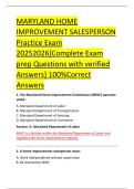 MARYLAND HOME &NewLine;IMPROVEMENT SALESPERSON &NewLine;Practice Exam &NewLine;20252026&lbrack;Complete Exam &NewLine;prep Questions with verified &NewLine;Answers&rsqb; 100&percnt;Correct &NewLine;Answers 