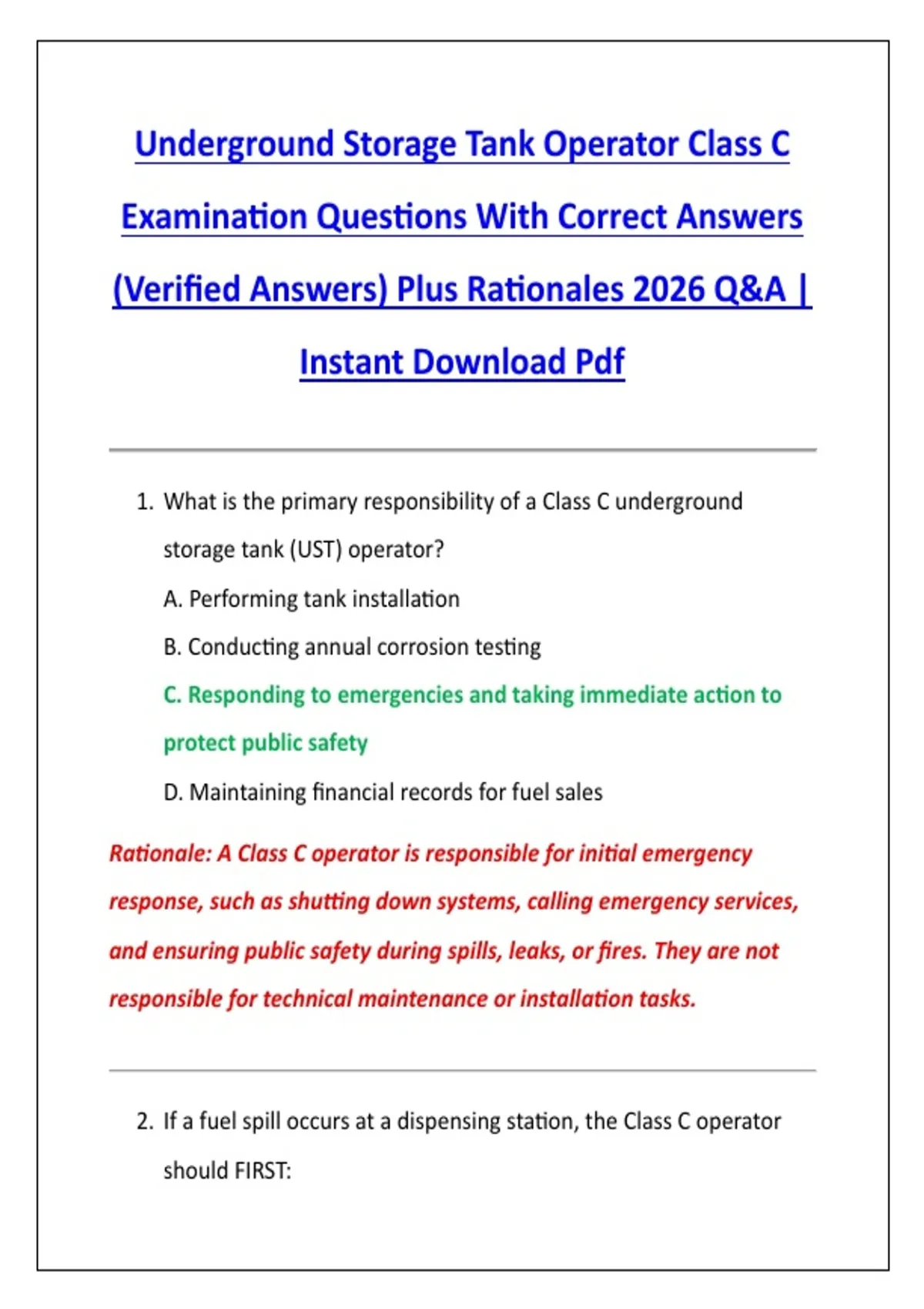 Underground Storage Tank Operator Class C Examination Questions With ...