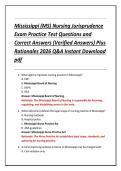 Mississippi &lpar;MS&rpar; Nursing Jurisprudence &NewLine;Exam Practice Test Questions and &NewLine;Correct Answers &lpar;Verified Answers&rpar; Plus &NewLine;Rationales 2026 Q&A Instant Download &NewLine;pdf 