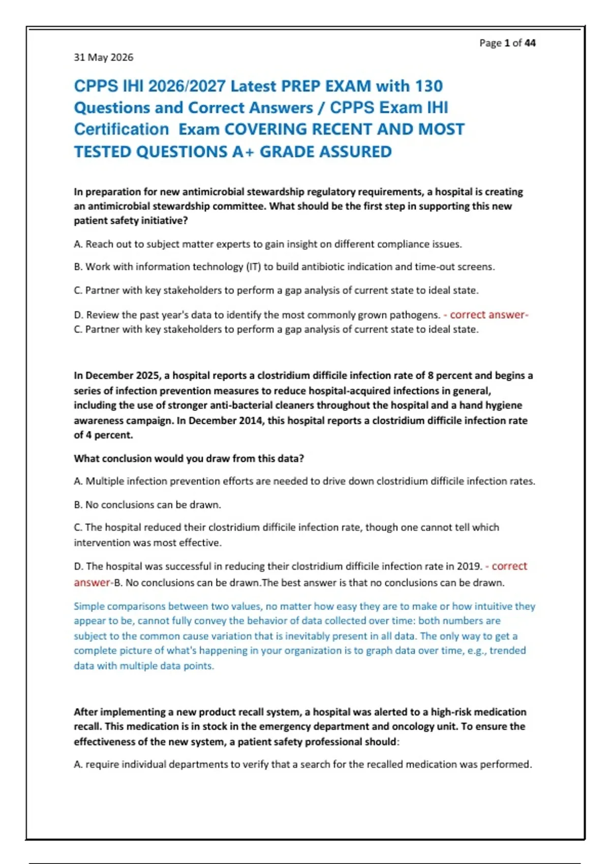 CPPS IHI 2026/2027 Latest PREP EXAM with 130 Questions and Correct ...