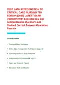 TEST BANK INTRODUCTION TO CRITICAL CARE NURSING 7TH EDITION &lpar;2025&rpar; LATEST EXAM VERSION With Expected real and comprehensive Questions and Revised Correct Answers Guarantee Pass A&plus;&period;