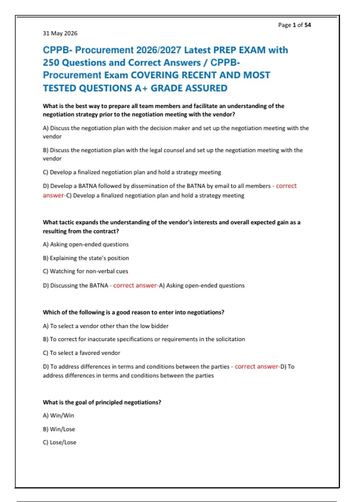 CPPB- Procurement 2026/2027 Latest PREP EXAM with 250 Questions and ...