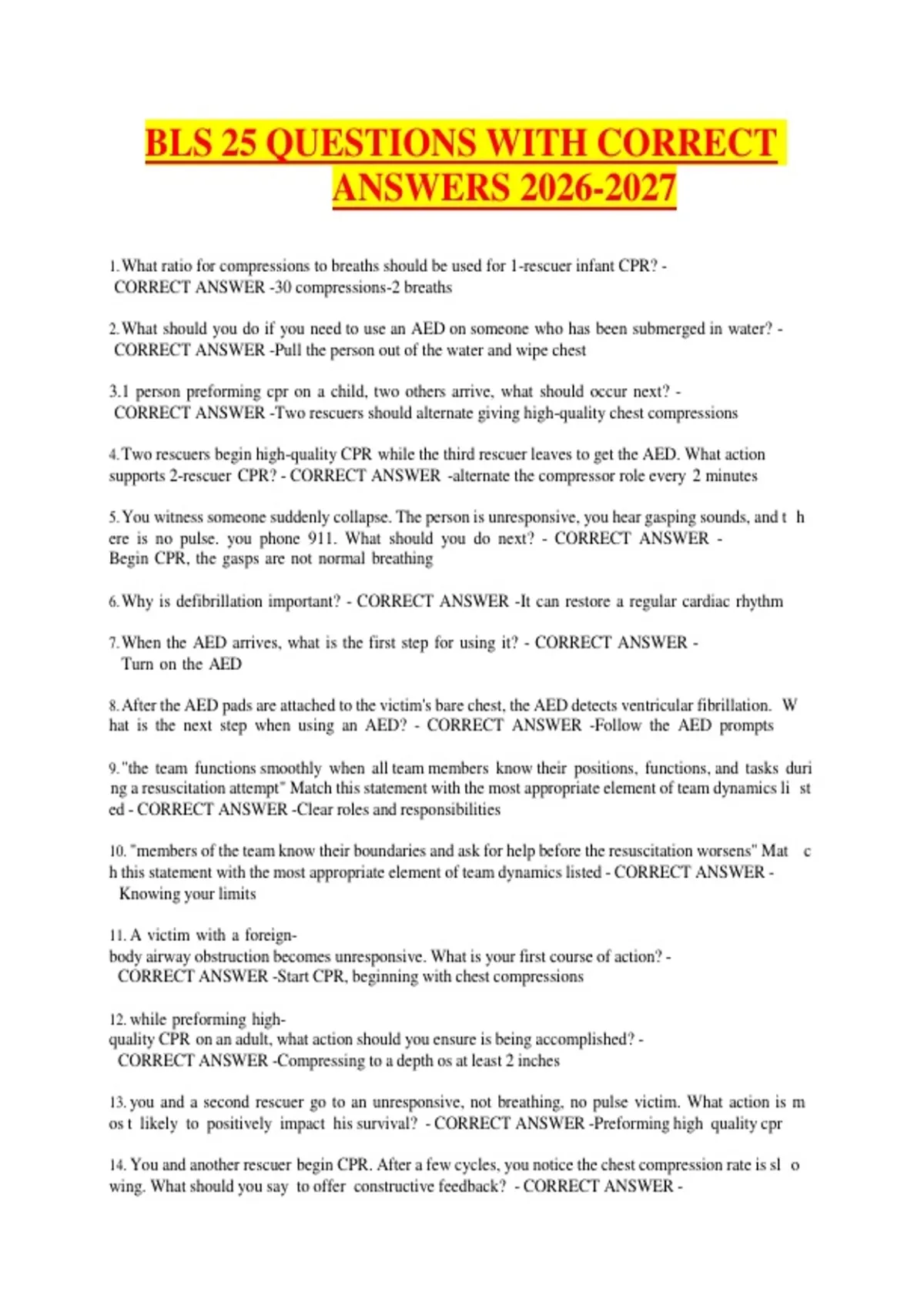 BLS 25 QUESTIONS WITH CORRECT ANSWERS - Bls - Stuvia US