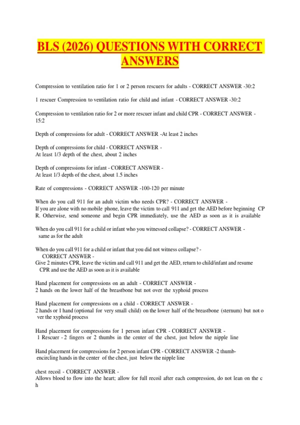 BLS (2026) QUESTIONS WITH CORRECT ANSWERS - Bls - Stuvia US