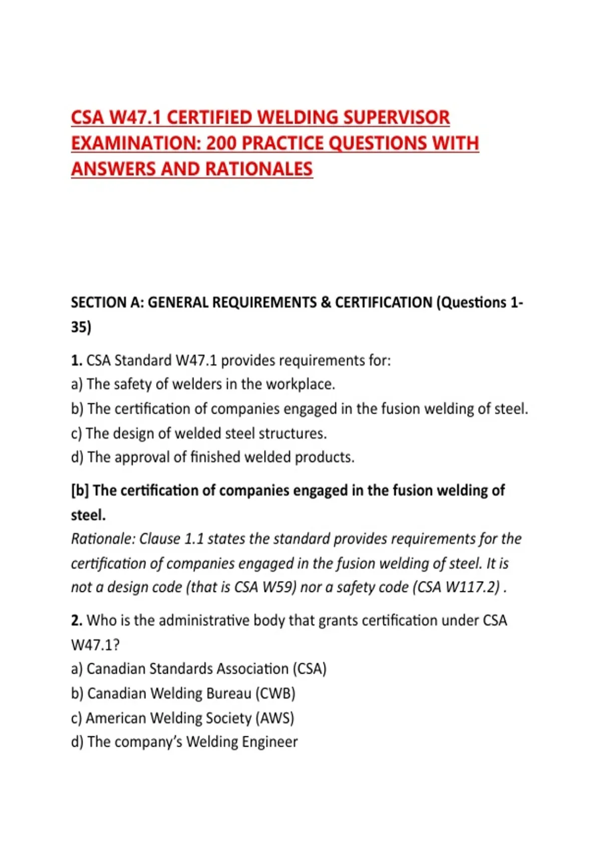 CSA W47.1 CERTIFIED WELDING SUPERVISOR EXAMINATION: 200 PRACTICE QUESTIONS WITH ANSWERS AND ...