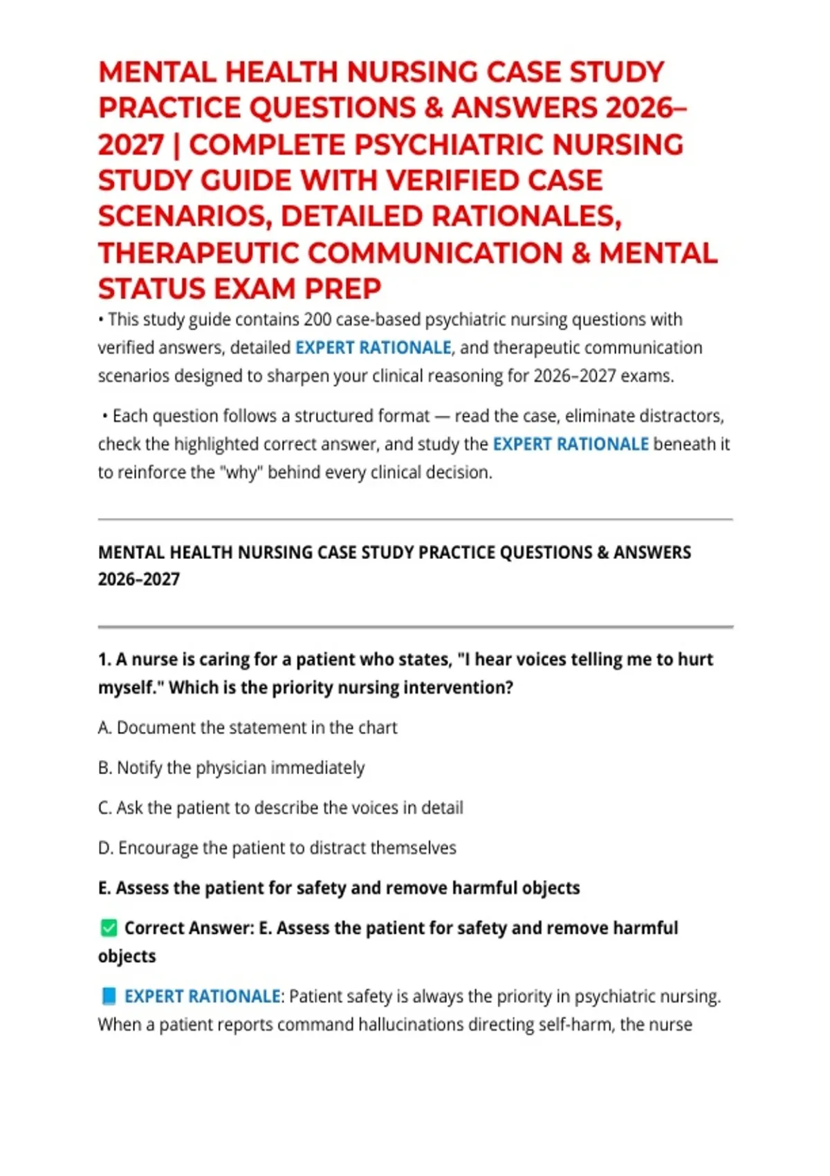 MENTAL HEALTH NURSING CASE STUDY PRACTICE QUESTIONS & ANSWERS 2026–2027 ...