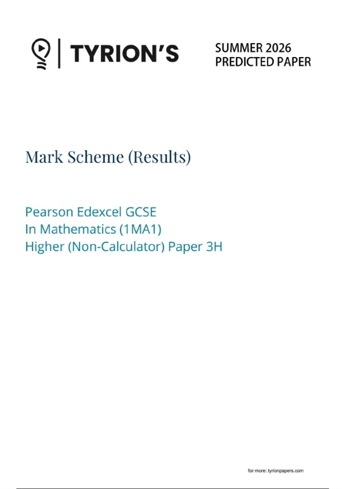 Edexcel GCSE June 2026 Mathematics Paper 3H Predicted Mark Scheme ...