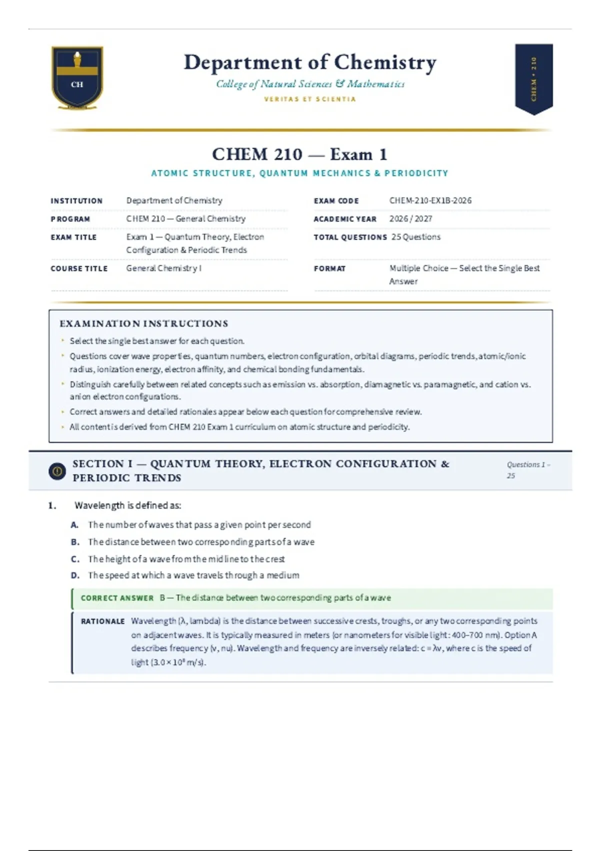 CHEM 210/ CHEM210 Exam 1 (Latest 2026/2027 Update) | Atomic Structure ...