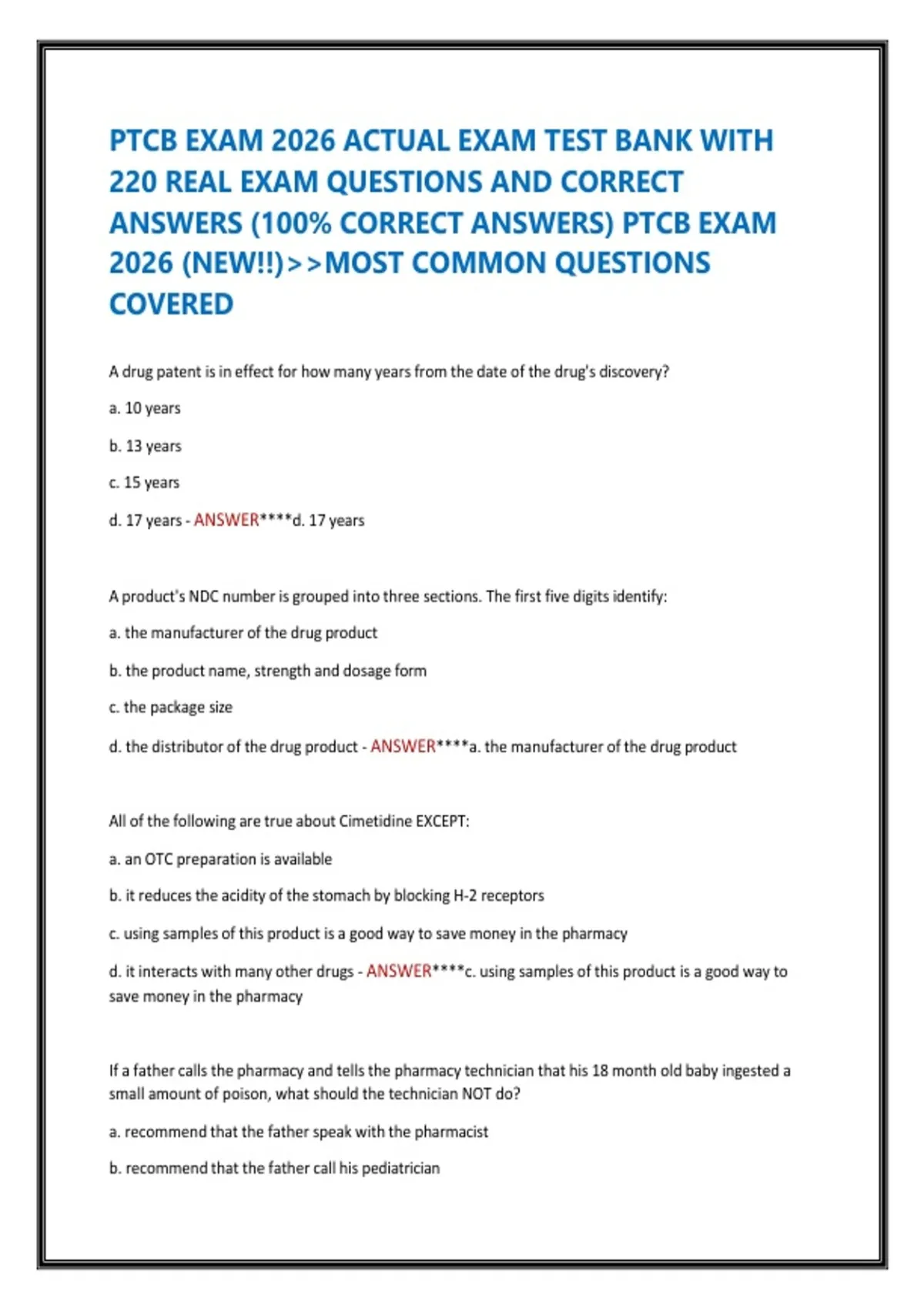PTCB Exam 2026 Questions and Answers | 220 Practice Questions with ...