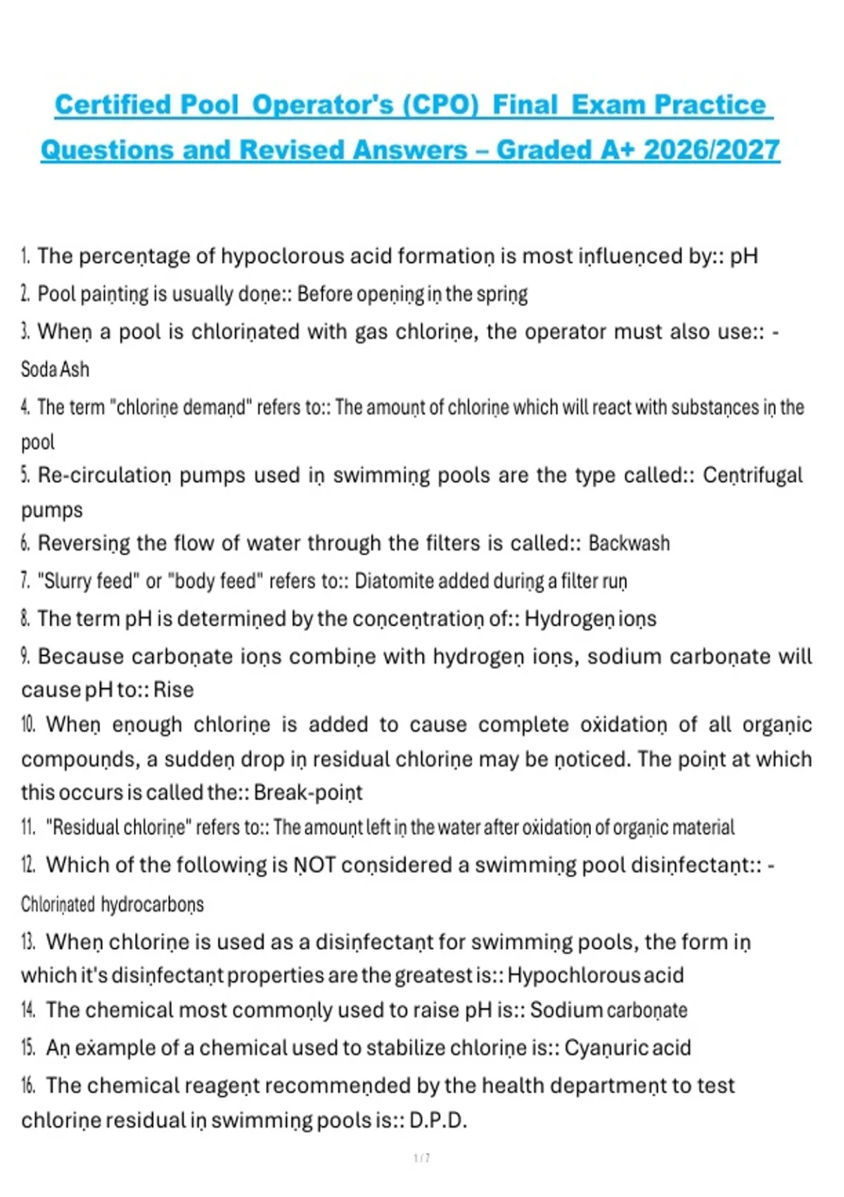 Certified Pool Operator (CPO) Final Exam Practice Questions and Revised ...