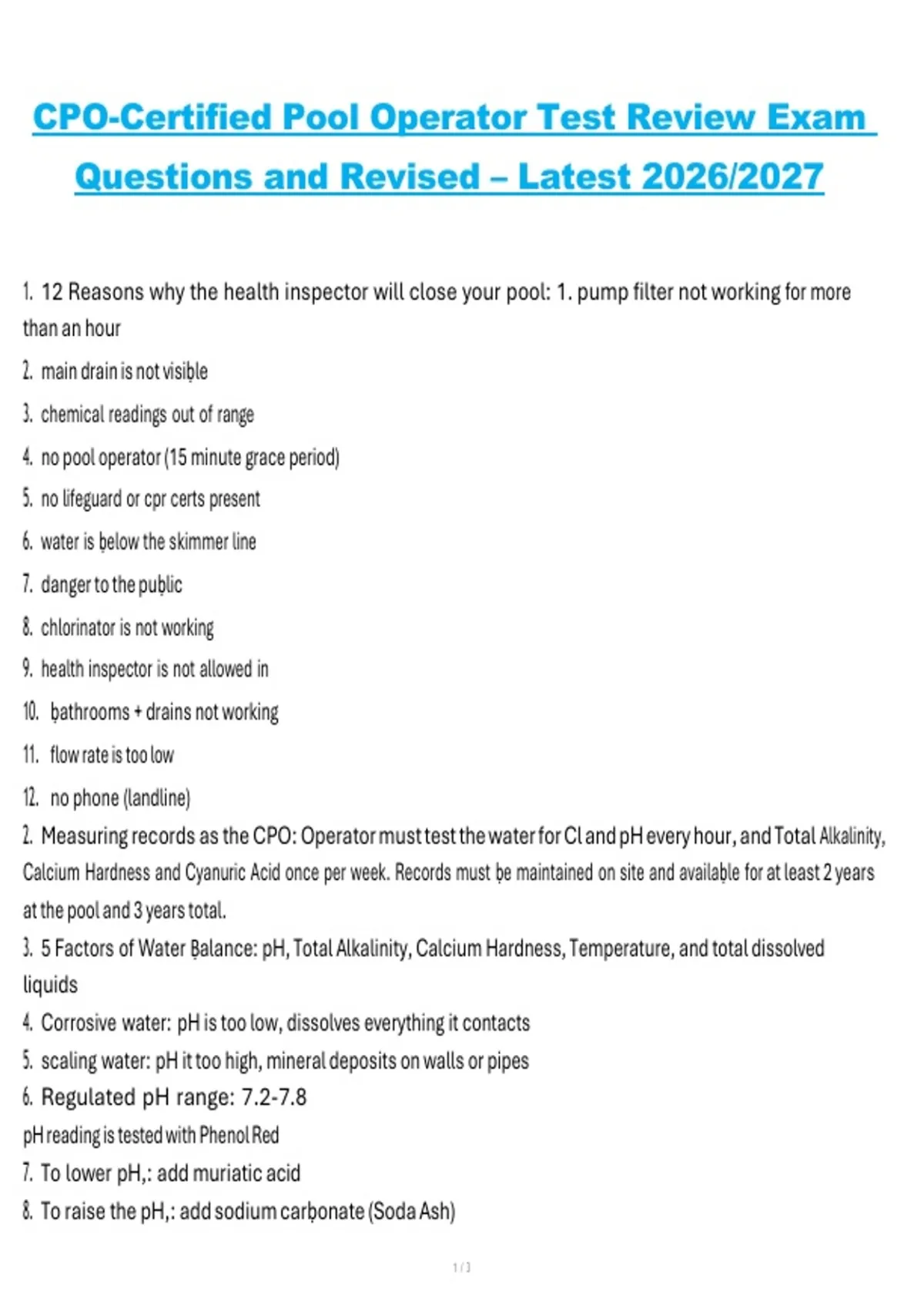 CPO – Certified Pool Operator Test Review Exam Questions and Revised ...