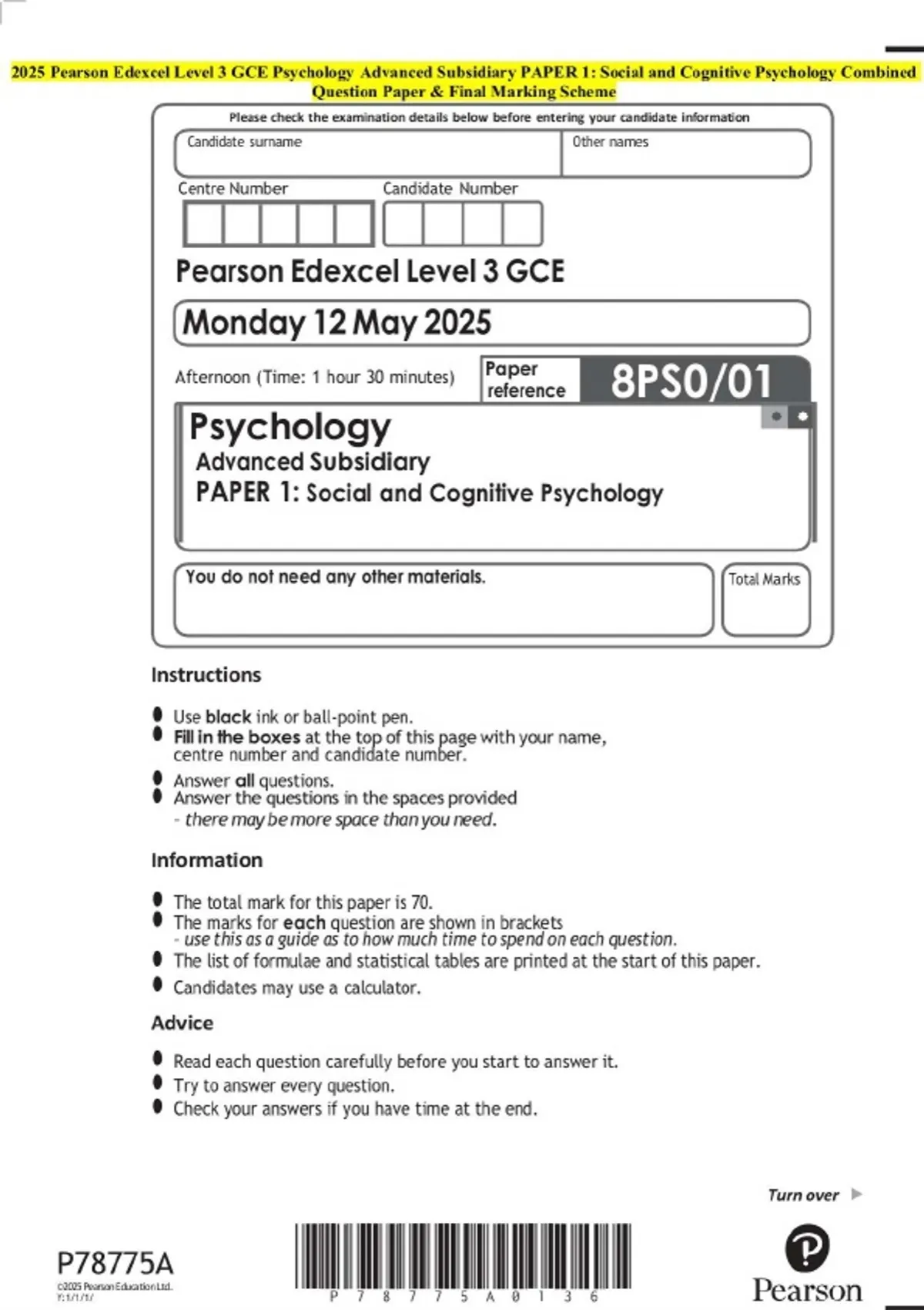 2025 Pearson Edexcel Level 3 GCE Psychology Advanced Subsidiary PAPER 1 ...