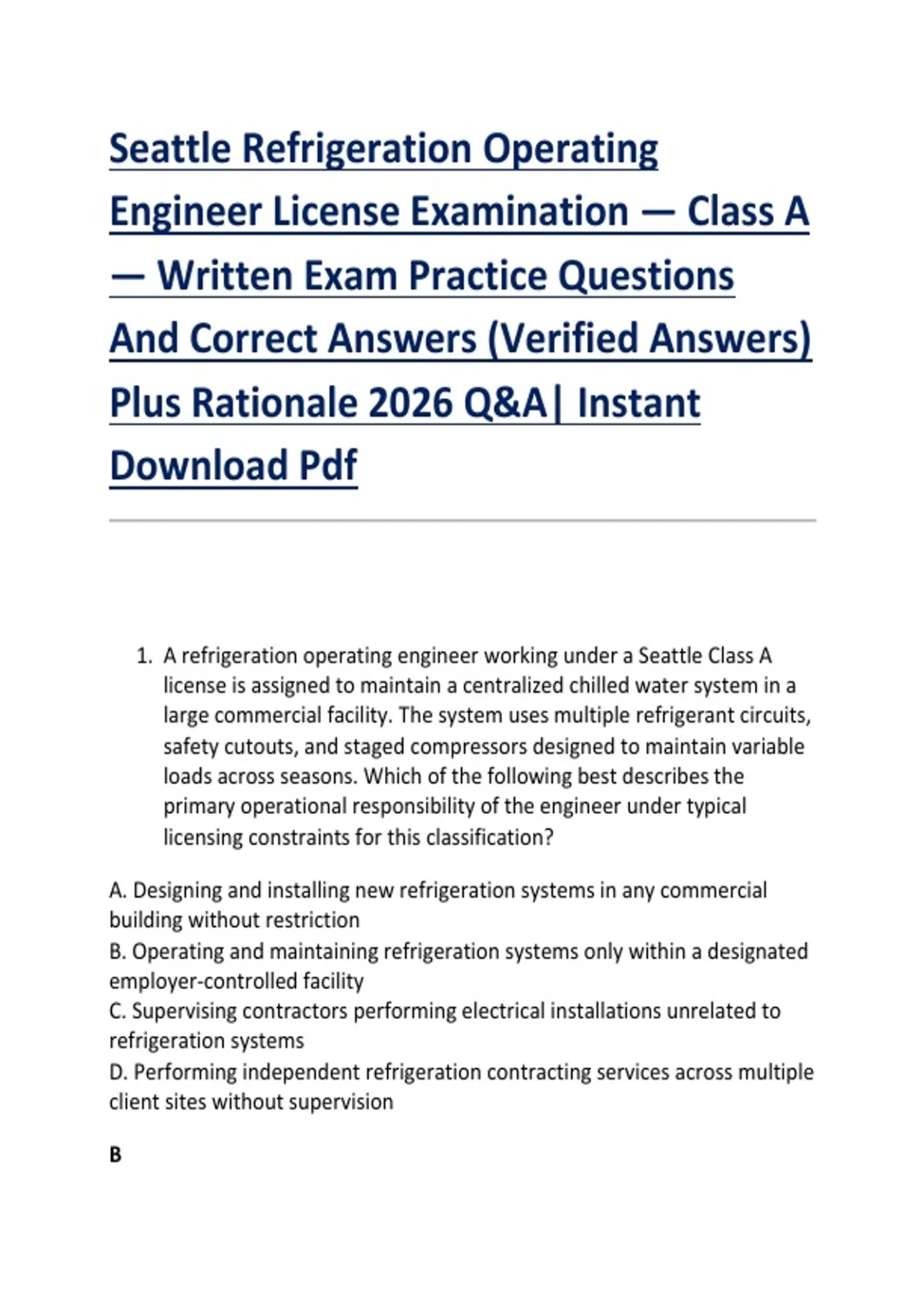 Operating Engineer License Seattle Refrigeration Operating Engineer License Examination — Class A ...