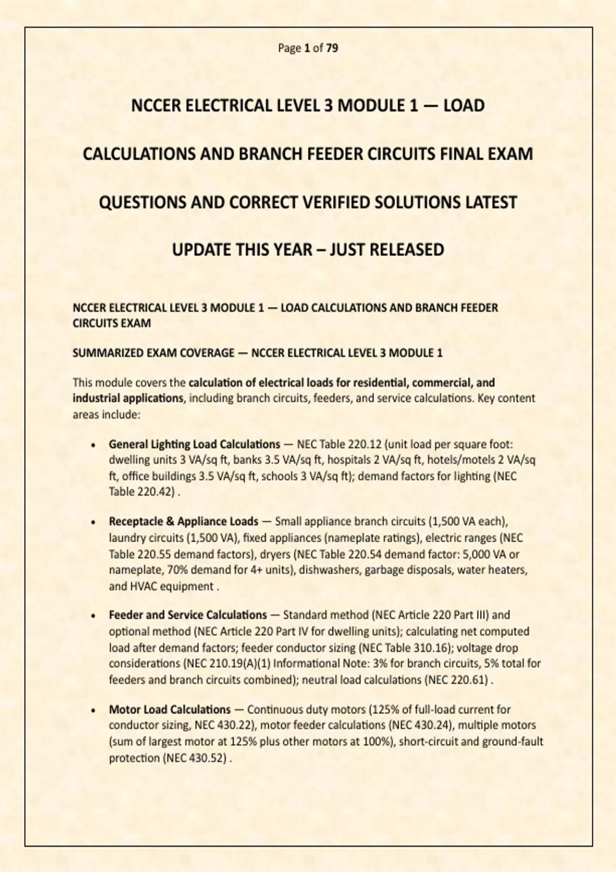 NCCER ELECTRICAL LEVEL 3 MODULE 1 — LOAD CALCULATIONS AND BRANCH FEEDER ...