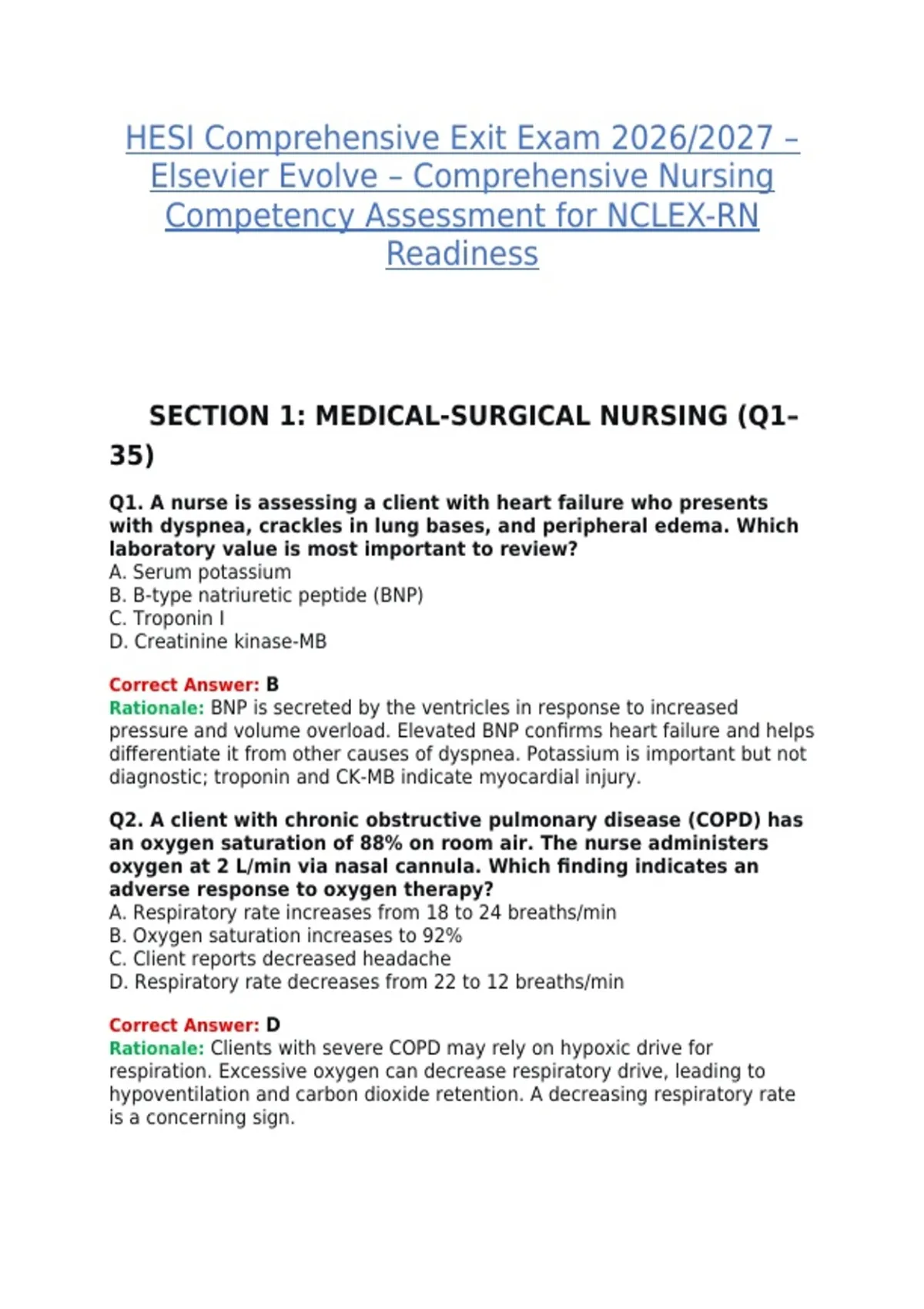 HESI Comprehensive Exit Exam 2026/2027 – Elsevier Evolve ...