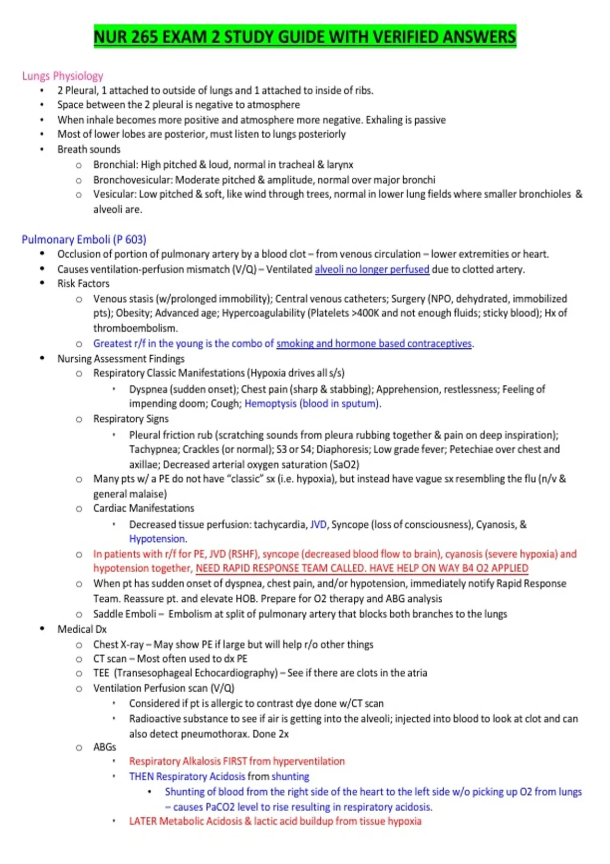 NUR 265 EXAM 2 STUDY GUIDE WITH VERIFIED ANSWERS |GALEN COLLEGE - NUR ...