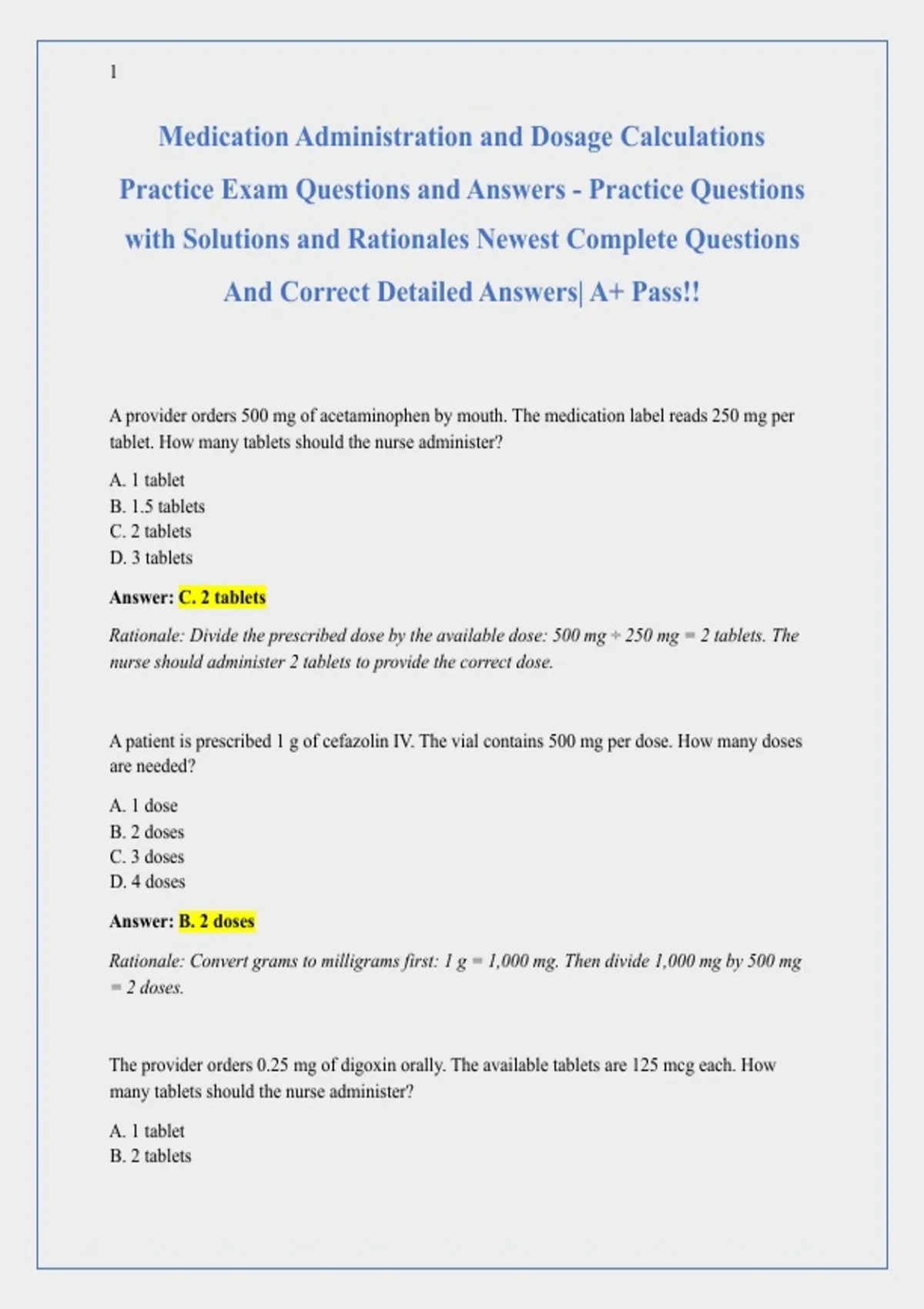 Medication Administration and Dosage Calculations Practice Exam ...