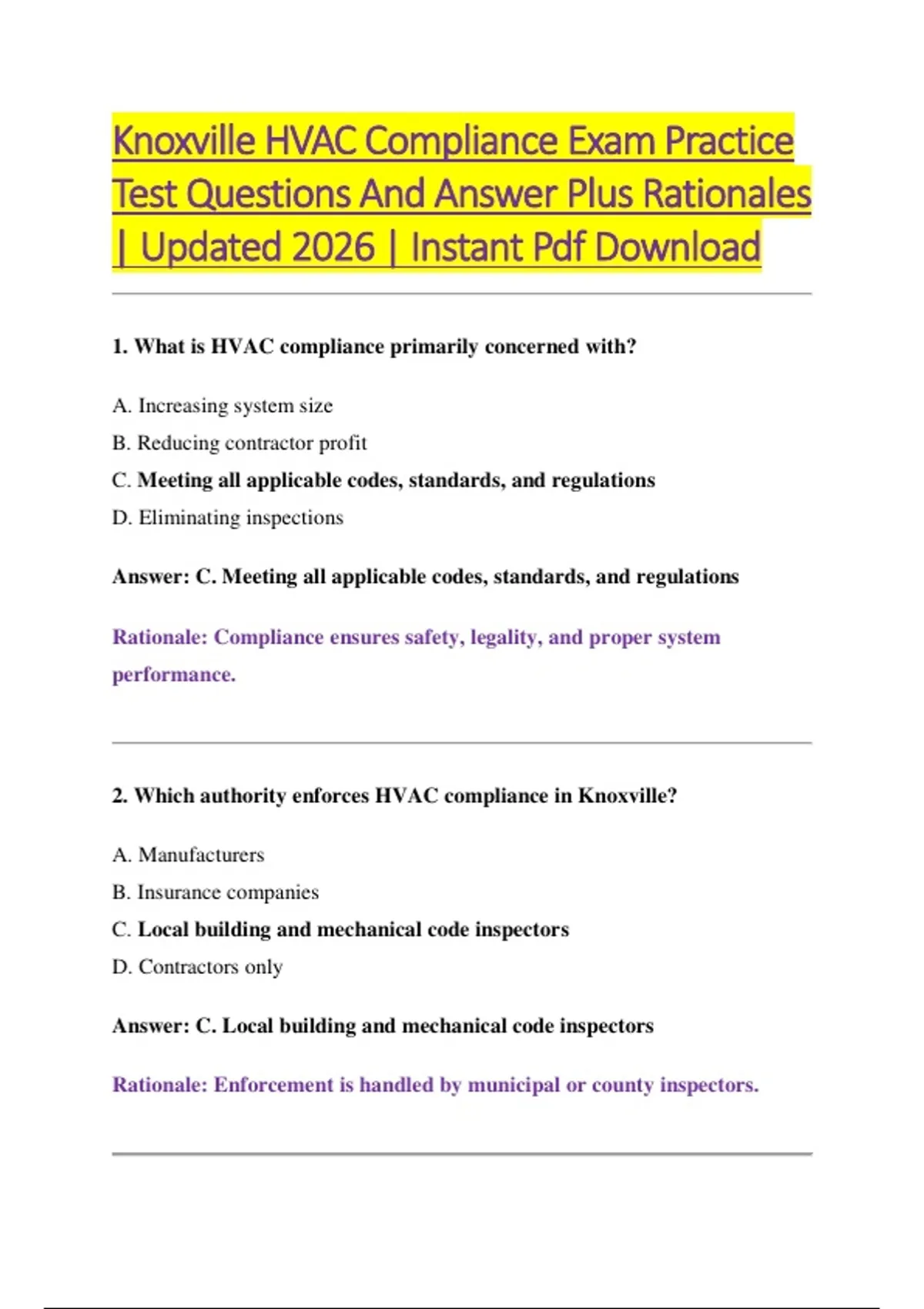 Knoxville HVAC Compliance Exam Practice Test Questions And Answer Plus ...