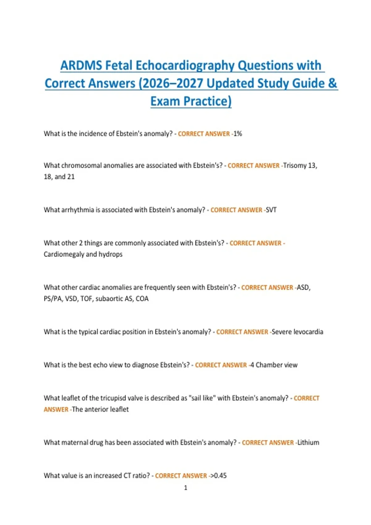 ARDMS Fetal Echocardiography Questions with Correct Answers (2026–2027 ...