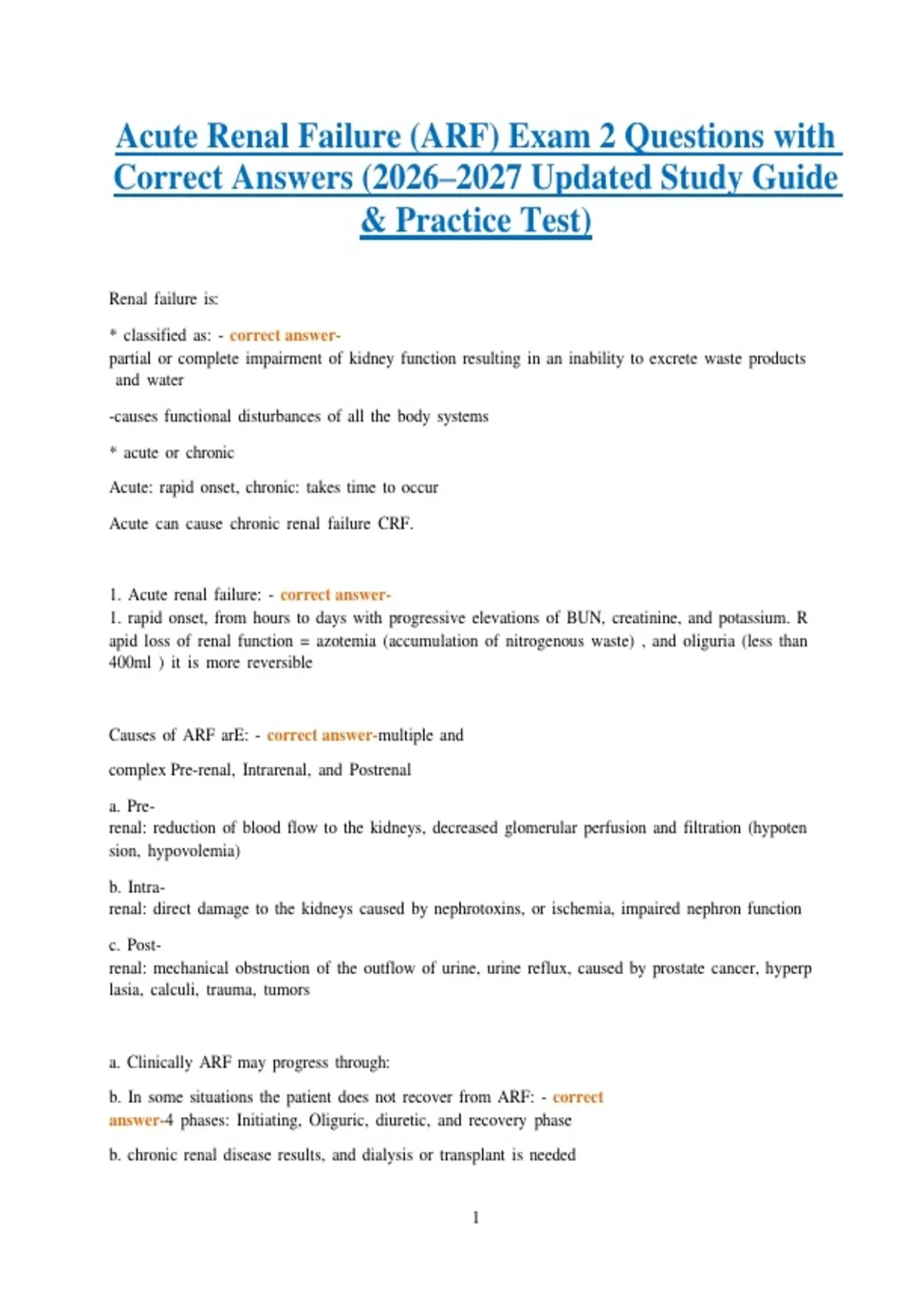 Acute Renal Failure (ARF) Exam 2 Questions with Correct Answers (2026 ...