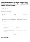 BIOL 134 Introduction to Cellular Biology Exam &vert;&NewLine;Questions and Answers &vert; Verified Solutions &vert; 2026&NewLine;Edition &vert; Pass Guaranteed