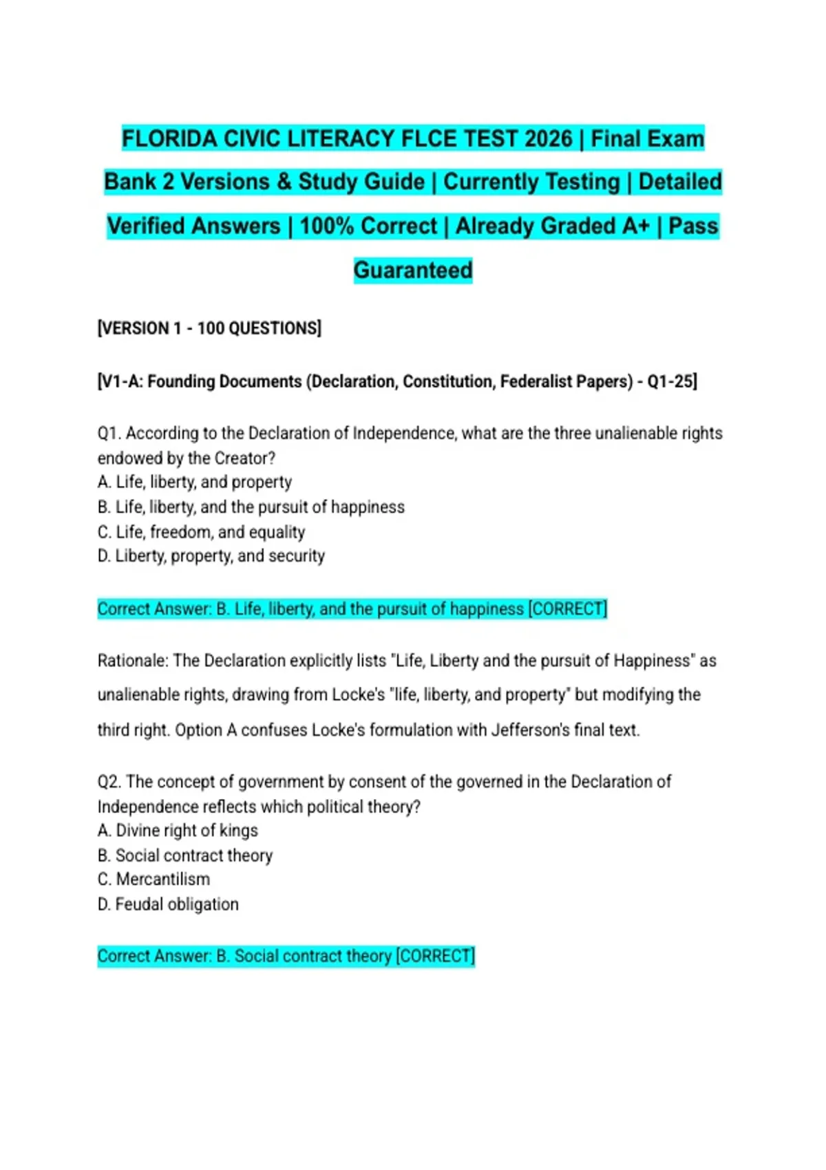 Flce Study Guide FLORIDA CIVIC LITERACY FLCE TEST 2026 | Final Exam Bank 2 Versions ...