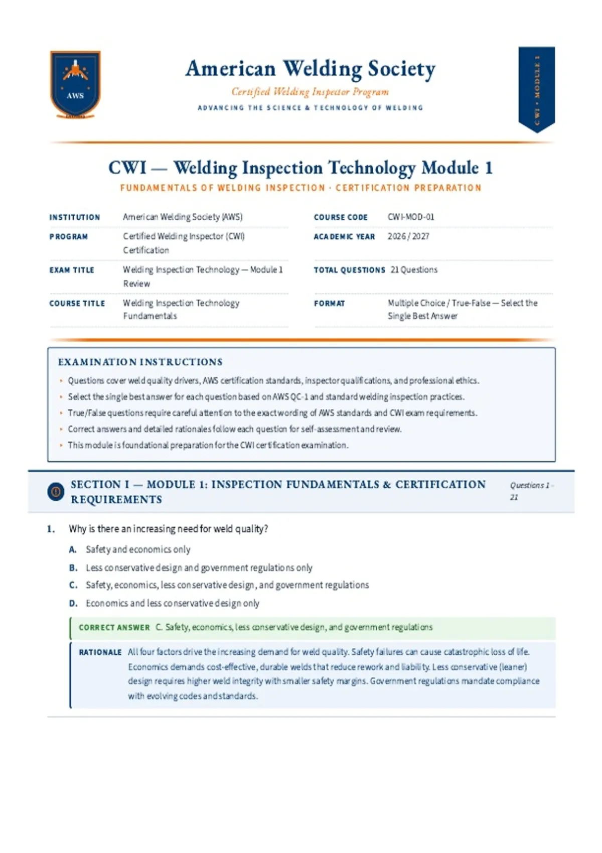 AWS CWI Welding Inspection Technology Module 1 (Latest 2026/2027 Update ...