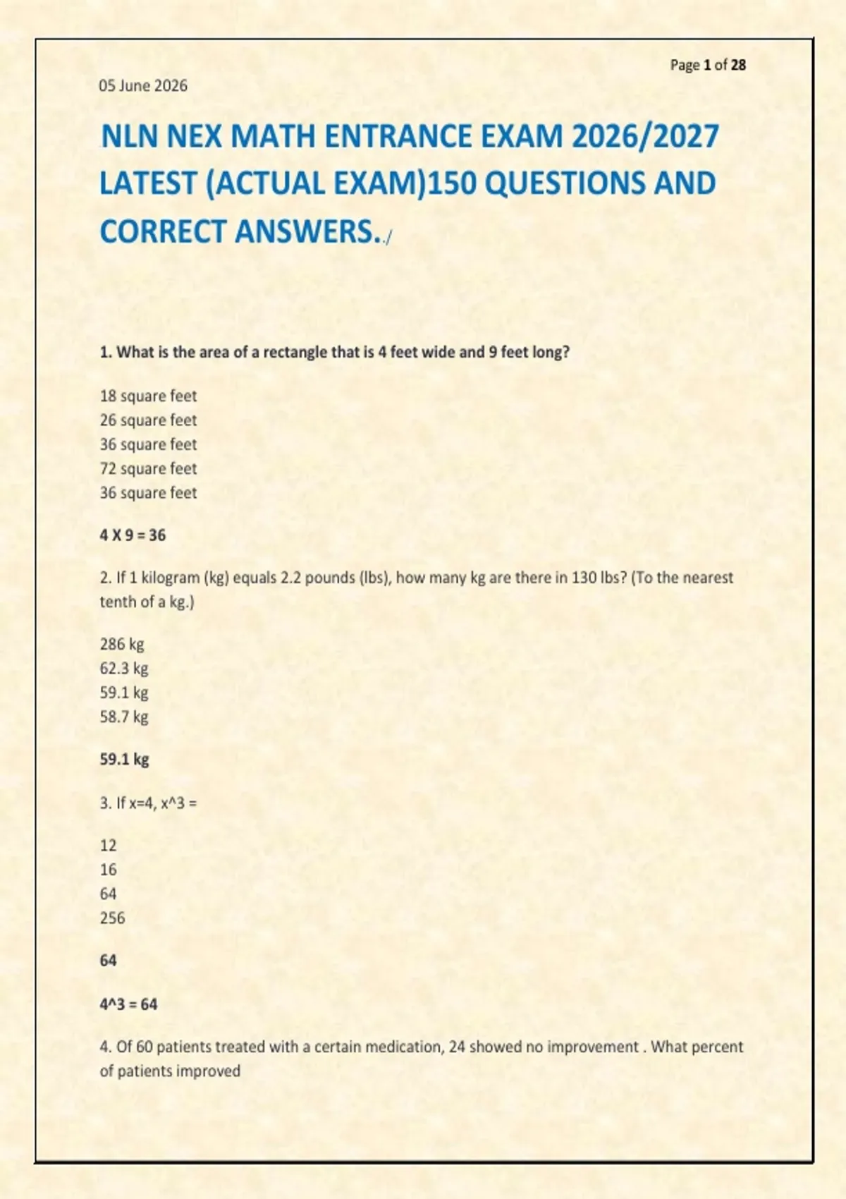Nex Math Practice Problems NLN NEX MATH ENTRANCE EXAM 2026/2027 LATEST (ACTUAL EXAM)150 QUESTIONS ...
