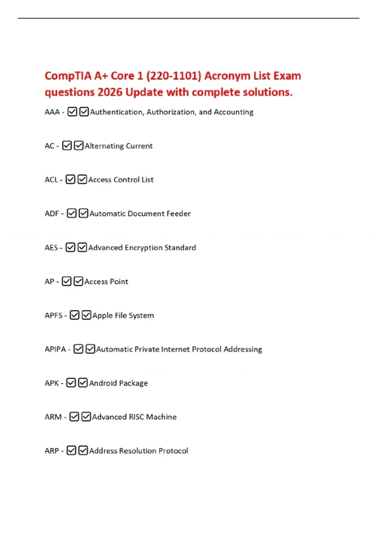 CompTIA A+ Core 1 (220-1101) Acronym List Exam questions 2026 Update ...