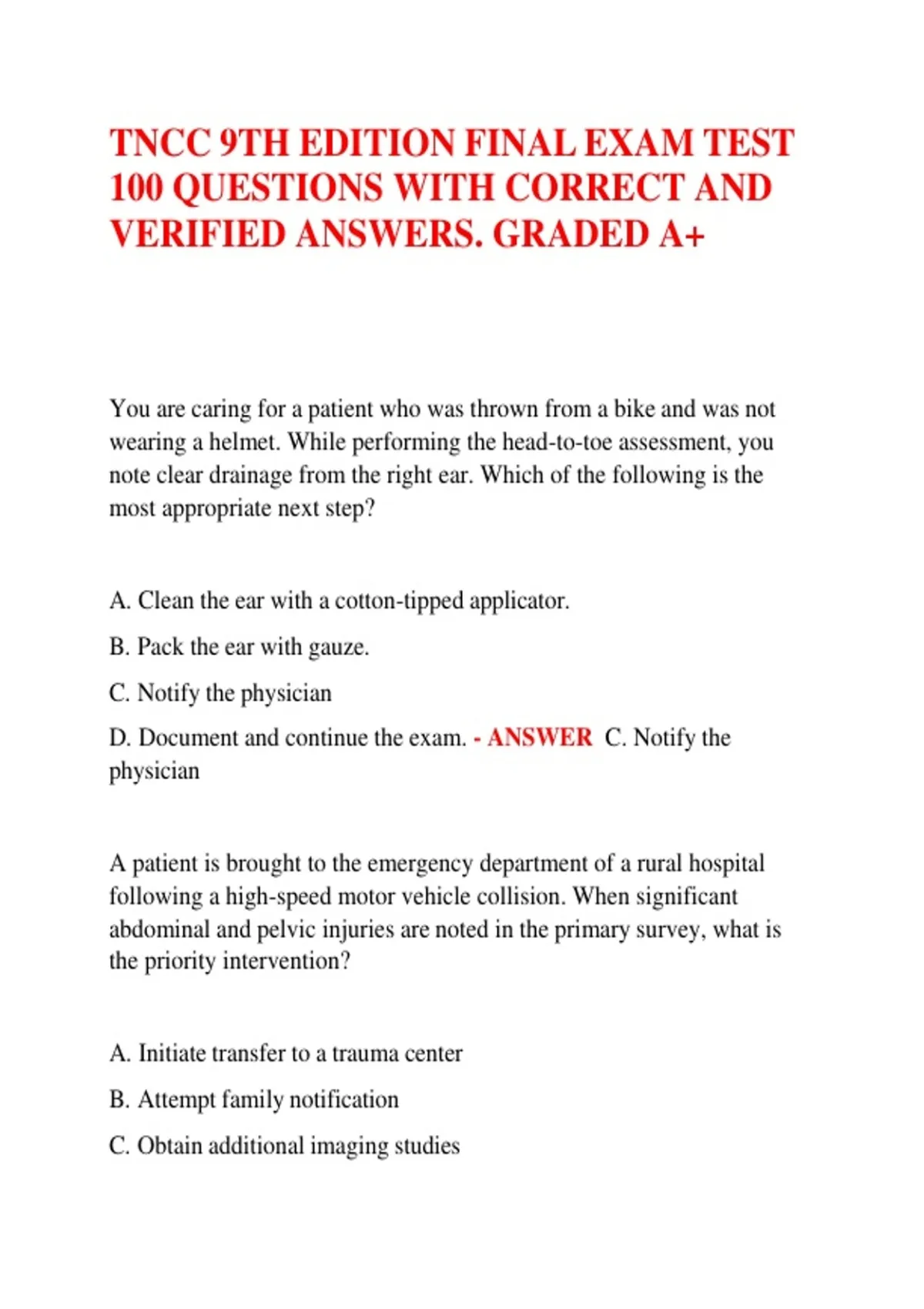 TNCC 9th Edition Practice Exam | 100 Questions and Answers | Trauma ...