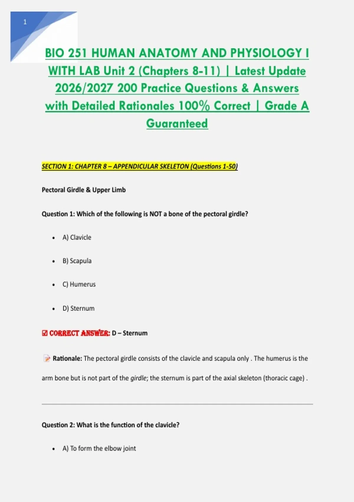 BIO 251 HUMAN ANATOMY AND PHYSIOLOGY I WITH LAB Unit 2 (Chapters 8-11 ...