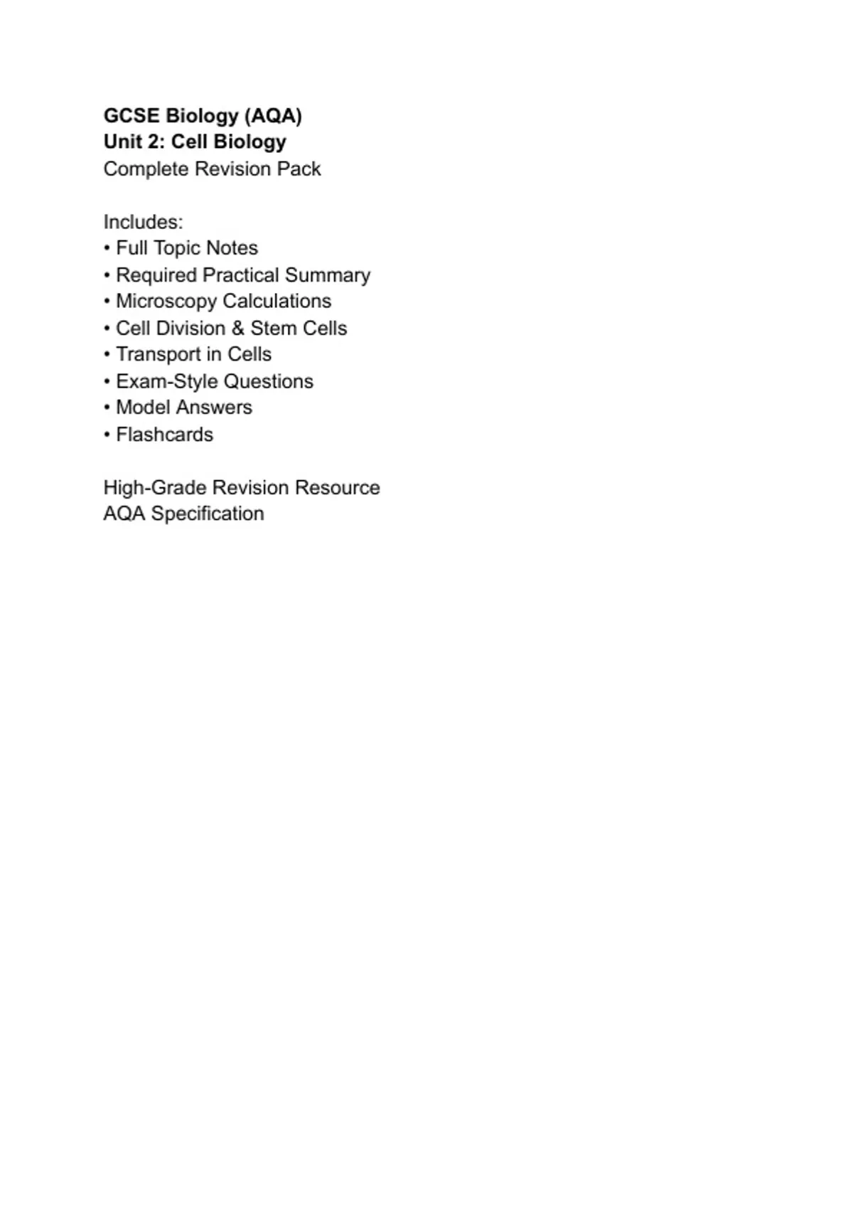 Summary GCSE Biology AQA – Unit 2 Cell Biology COMPLETE Revision Pack ...