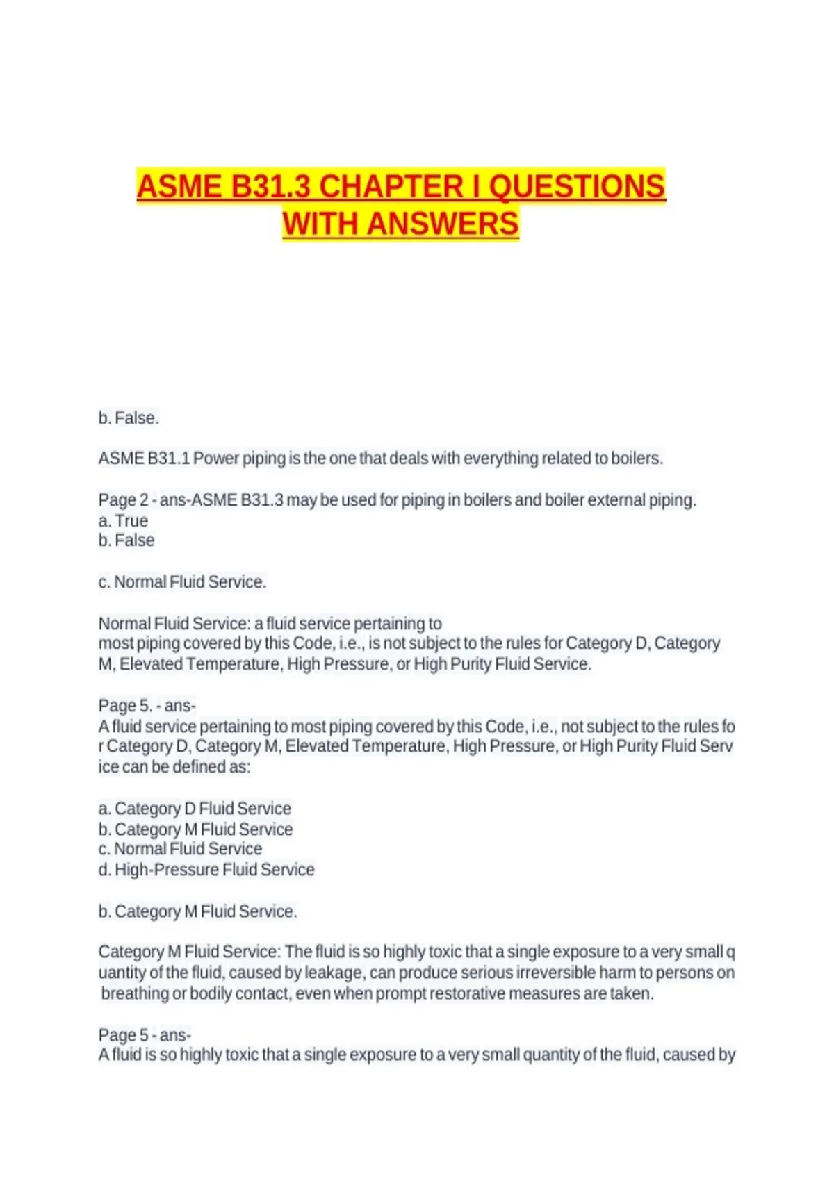 ASME B31.3 CHAPTER I QUESTIONS WITH ANSWERS - ASME B31.3 - Stuvia US