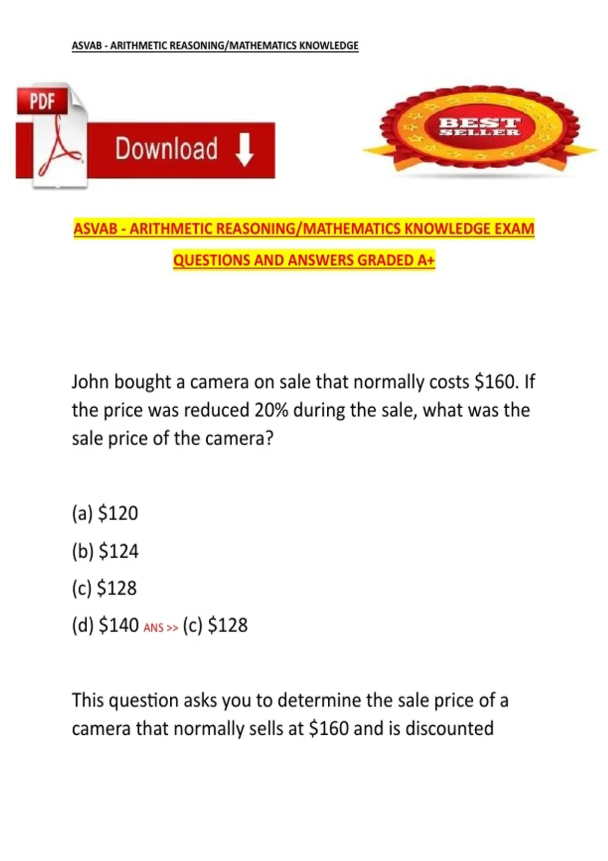 ASVAB Arithmetic Reasoning & Mathematics Knowledge Exam Questions and ...