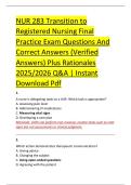 NUR 283 Transition to &NewLine;Registered Nursing Final &NewLine;Practice Exam Questions And &NewLine;Correct Answers &lpar;Verified &NewLine;Answers&rpar; Plus Rationales &NewLine;2025&sol;2026 Q&A &vert; Instant &NewLine;Download Pdf