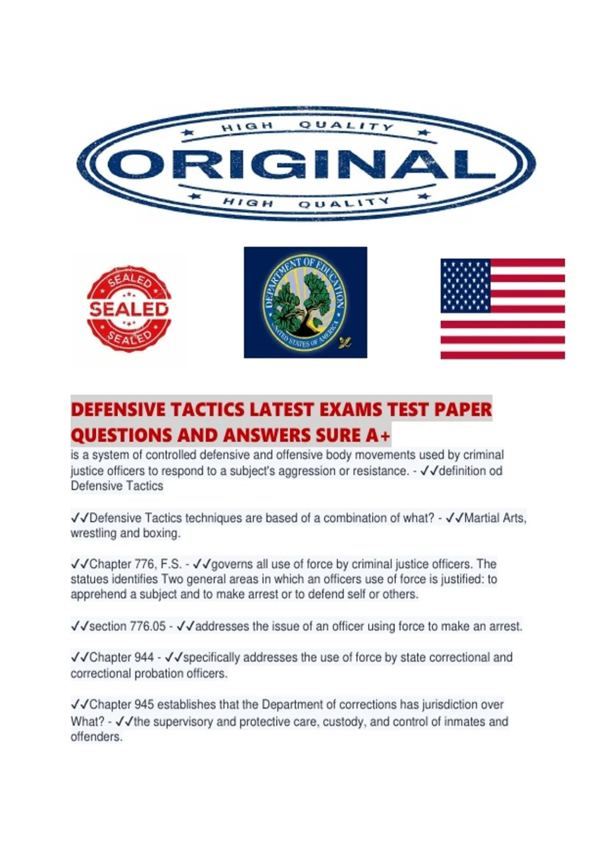 DEFENSIVE TACTICS LATEST EXAMS TEST PAPER QUESTIONS AND ANSWERS SURE ...