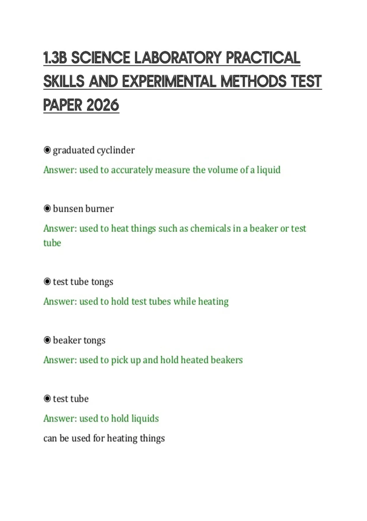 1.3B SCIENCE LABORATORY PRACTICAL SKILLS AND EXPERIMENTAL METHODS TEST ...