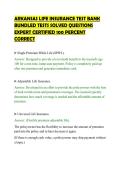ARKANSAS LIFE INSURANCE TEST BANK&NewLine;BUNDLED TESTS SOLVED QUESTIONS&NewLine;EXPERT CERTIFIED 100 PERCENT&NewLine;CORRECT&NewLine;