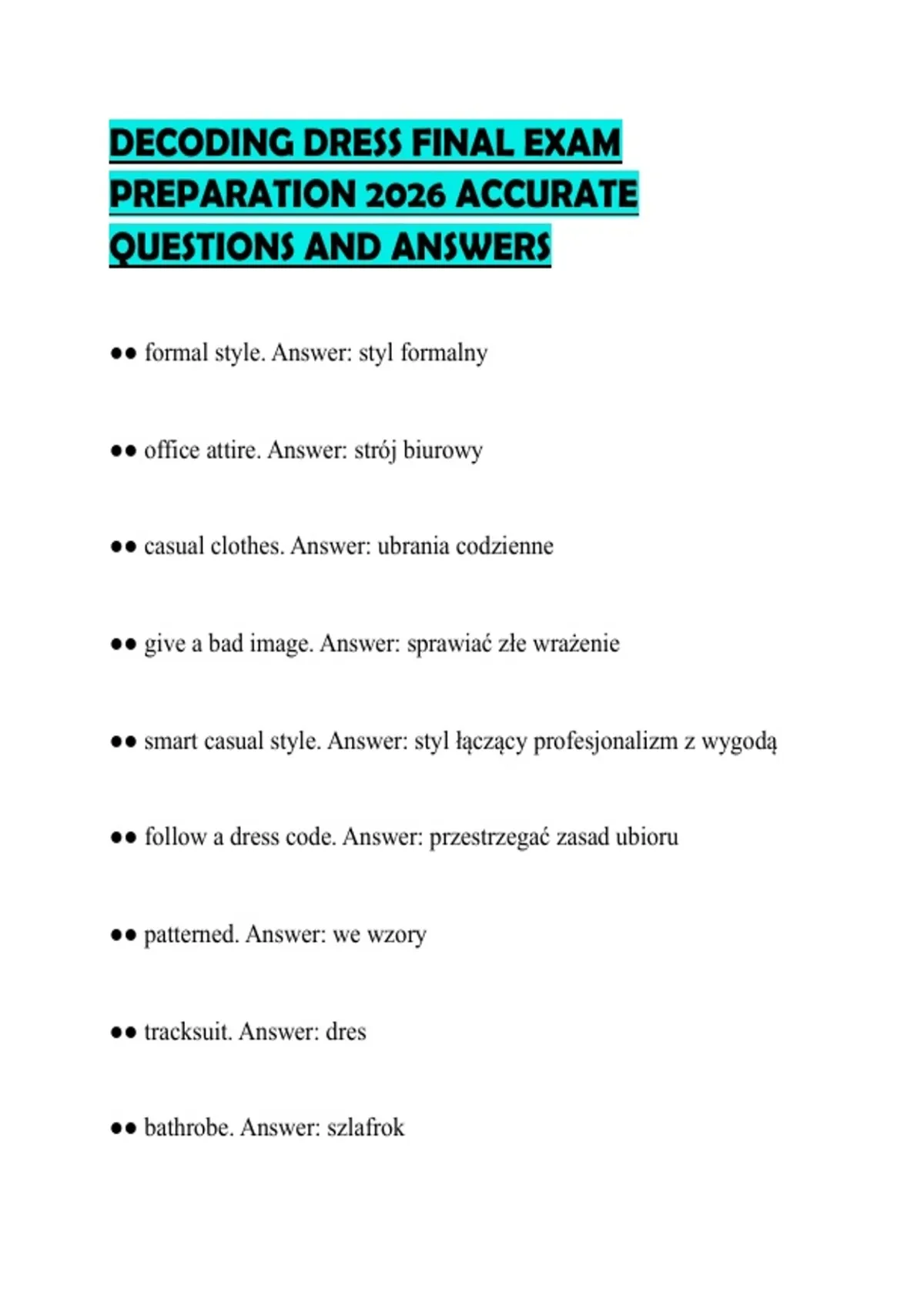 DECODING DRESS FINAL EXAM PREPARATION 2026 ACCURATE QUESTIONS AND ...